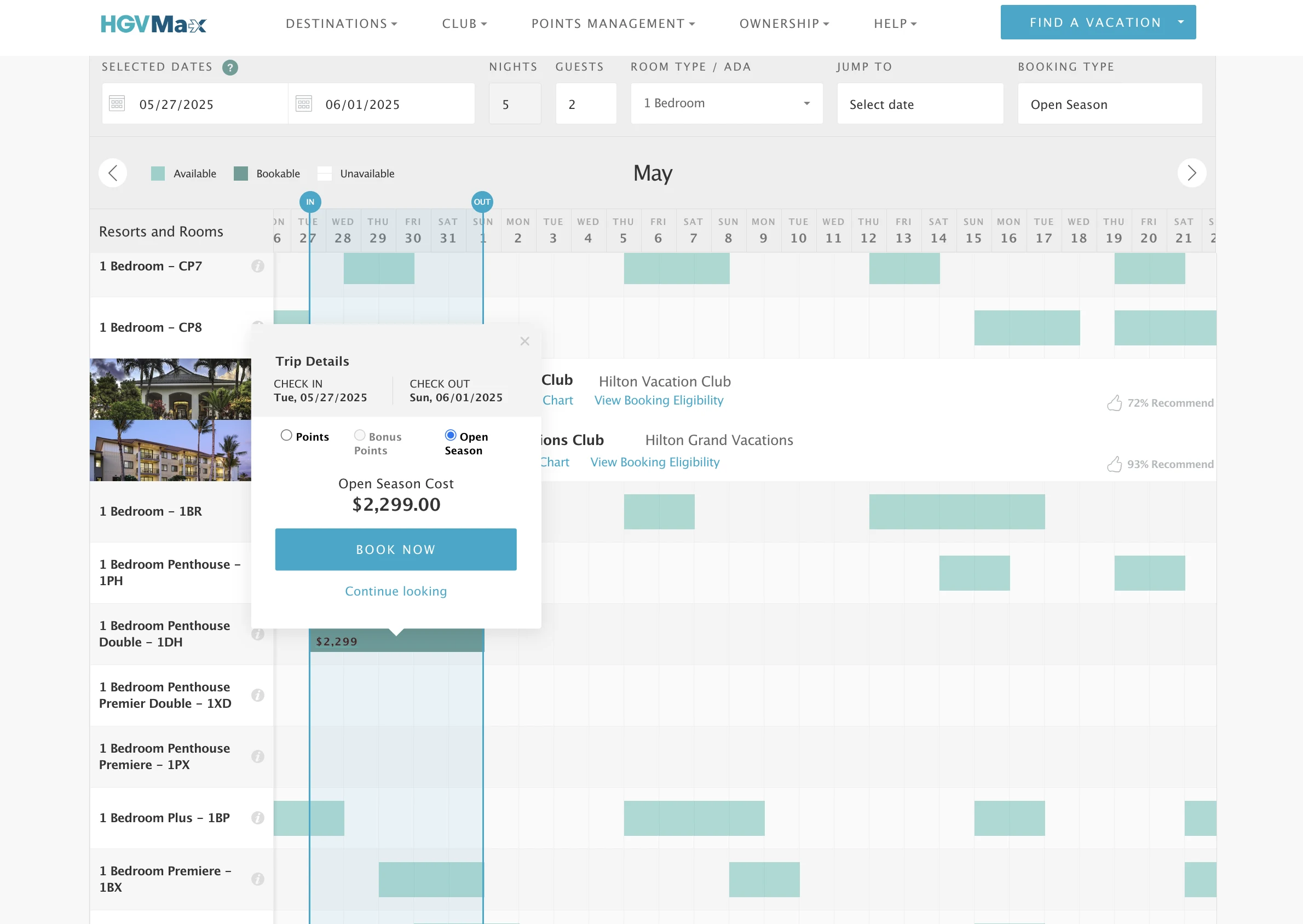 Legacy Hilton Grand Vacations booking interface